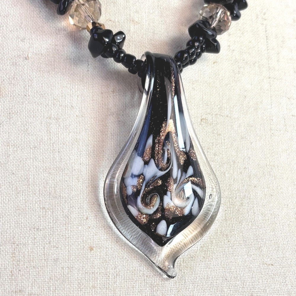 Whimsigoth Vintage Artisan Glass Pendant Necklace Black Copper Glass Lampwork